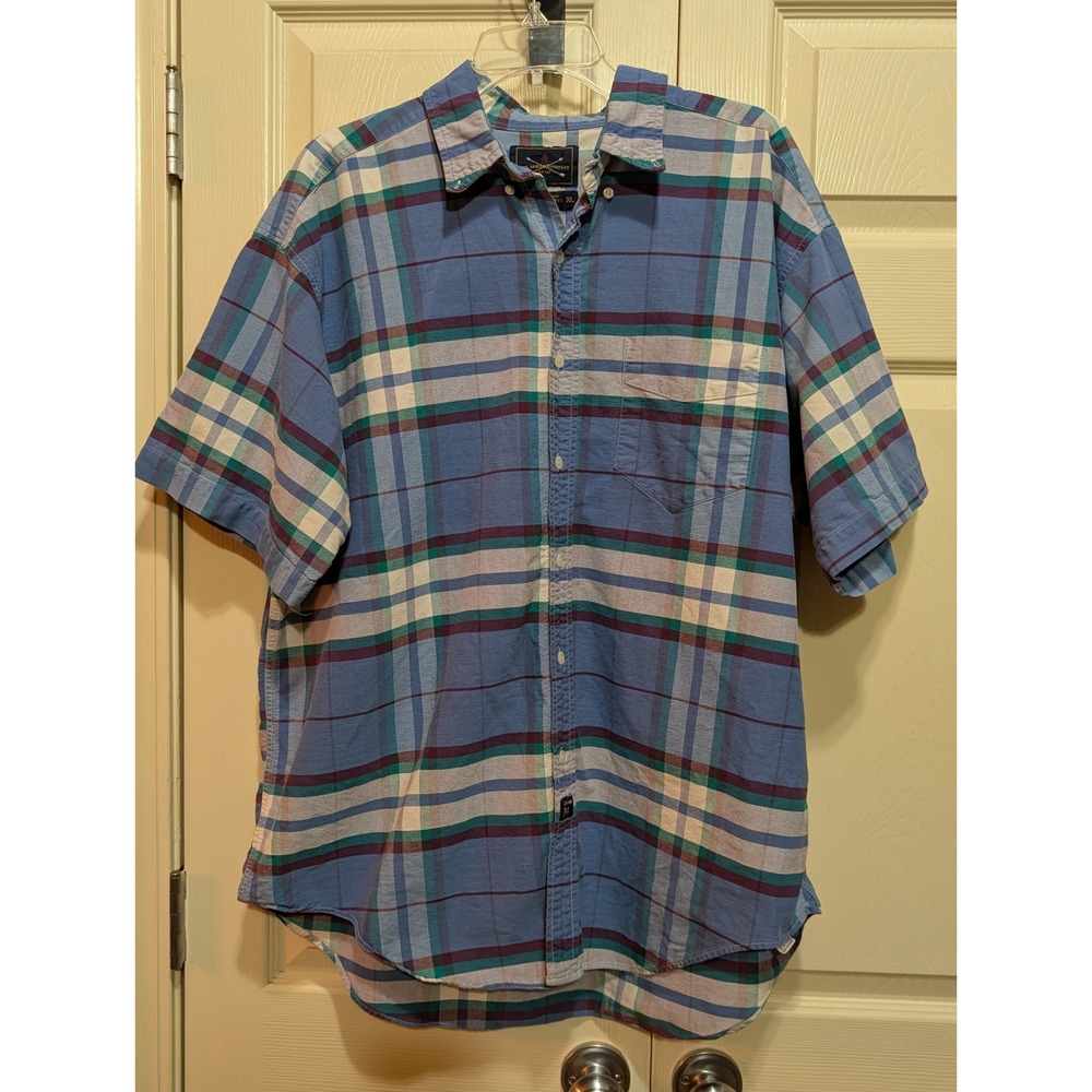 Arrow Vintage Plaid Short Sleeve Button Down Shirt Blue Multi Cotton XL Retro